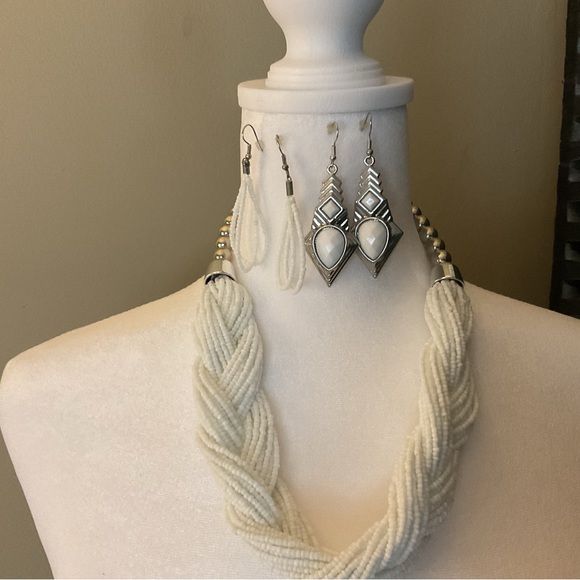 White Braided Necklace Twisted with 2 Pair of Matching Earrings - Picture 2 of 12